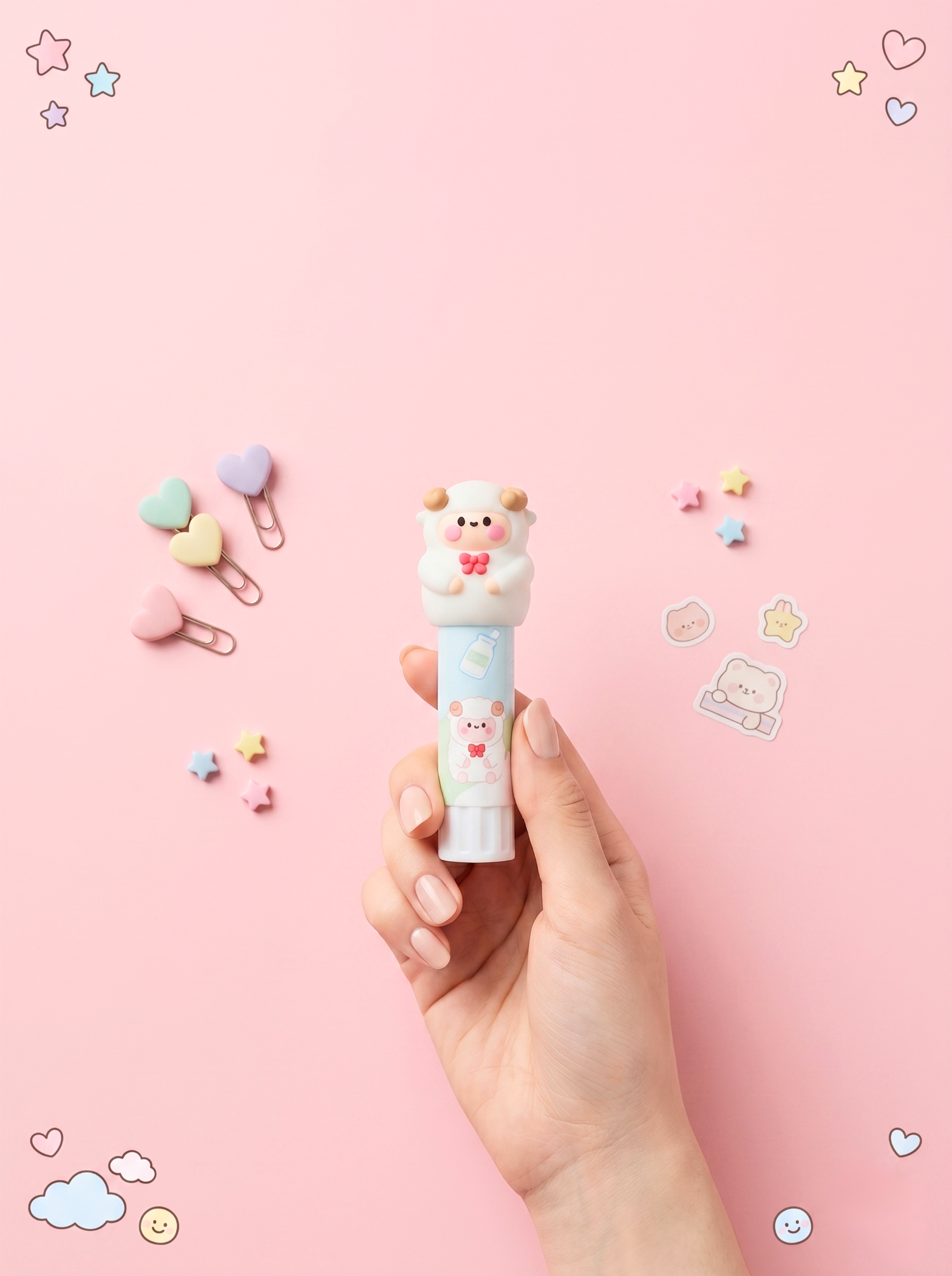 Hand holding a cute cartoon-shaped lip balm against a pink background with decorative elements.