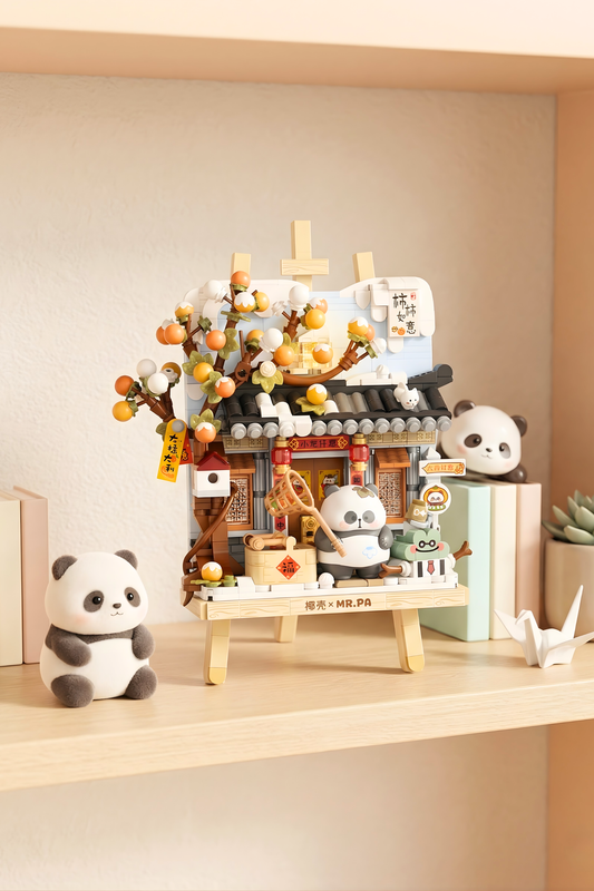 Toy set with panda figures and a small building on a shelf