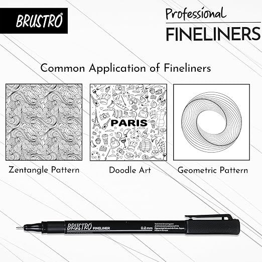 BRUSTRO fineliner pen with examples of Zentangle, Doodle Art, and Geometric patterns on a white background.