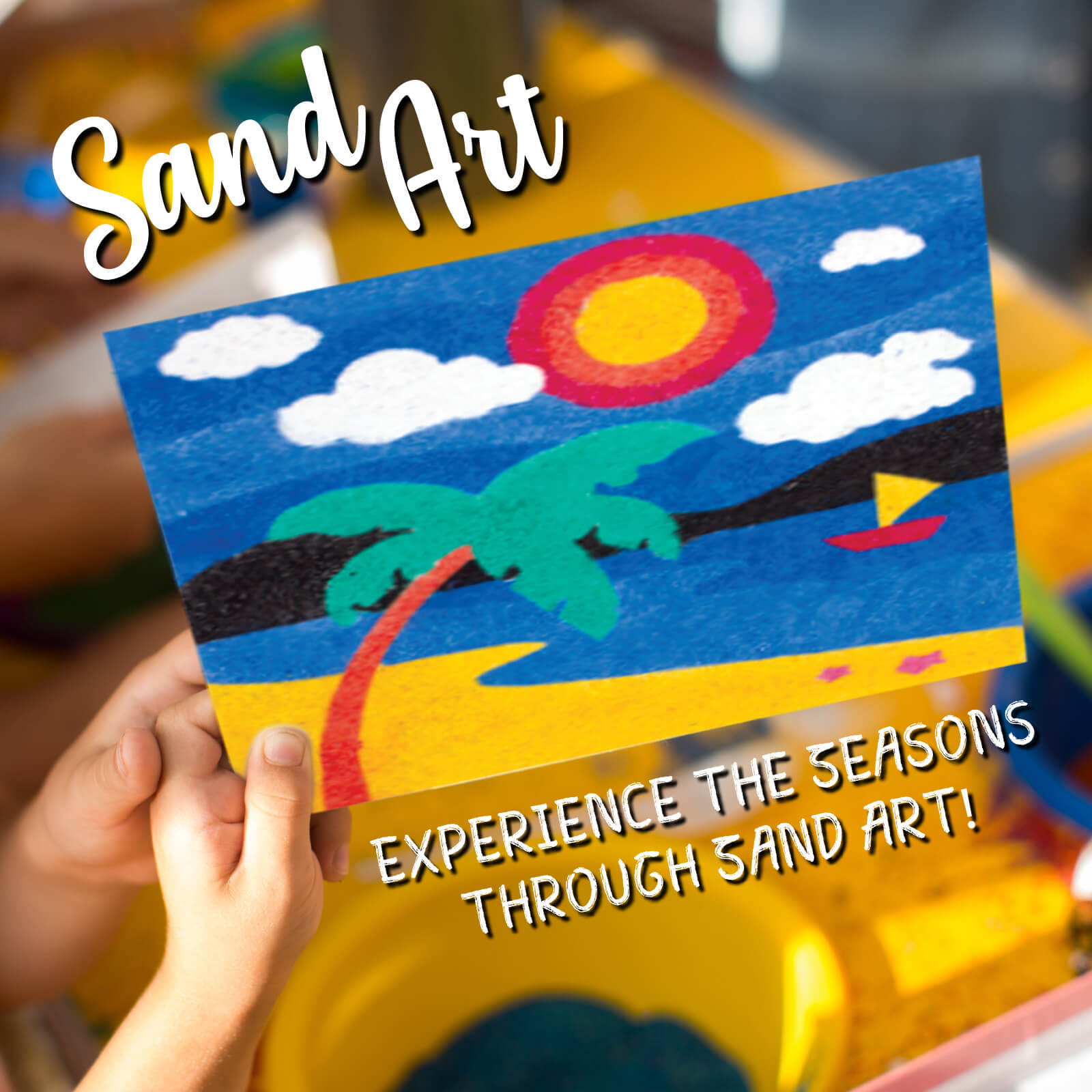 Colorful sand art project with palm trees and sun, held by a child's hands.