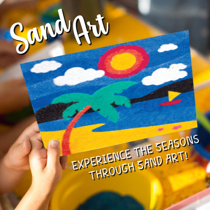Colorful sand art project with palm trees and sun, held by a child's hands.