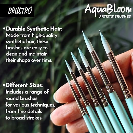 Set of AquaBloom artists' brushes held in a hand with text about durability and size range.
