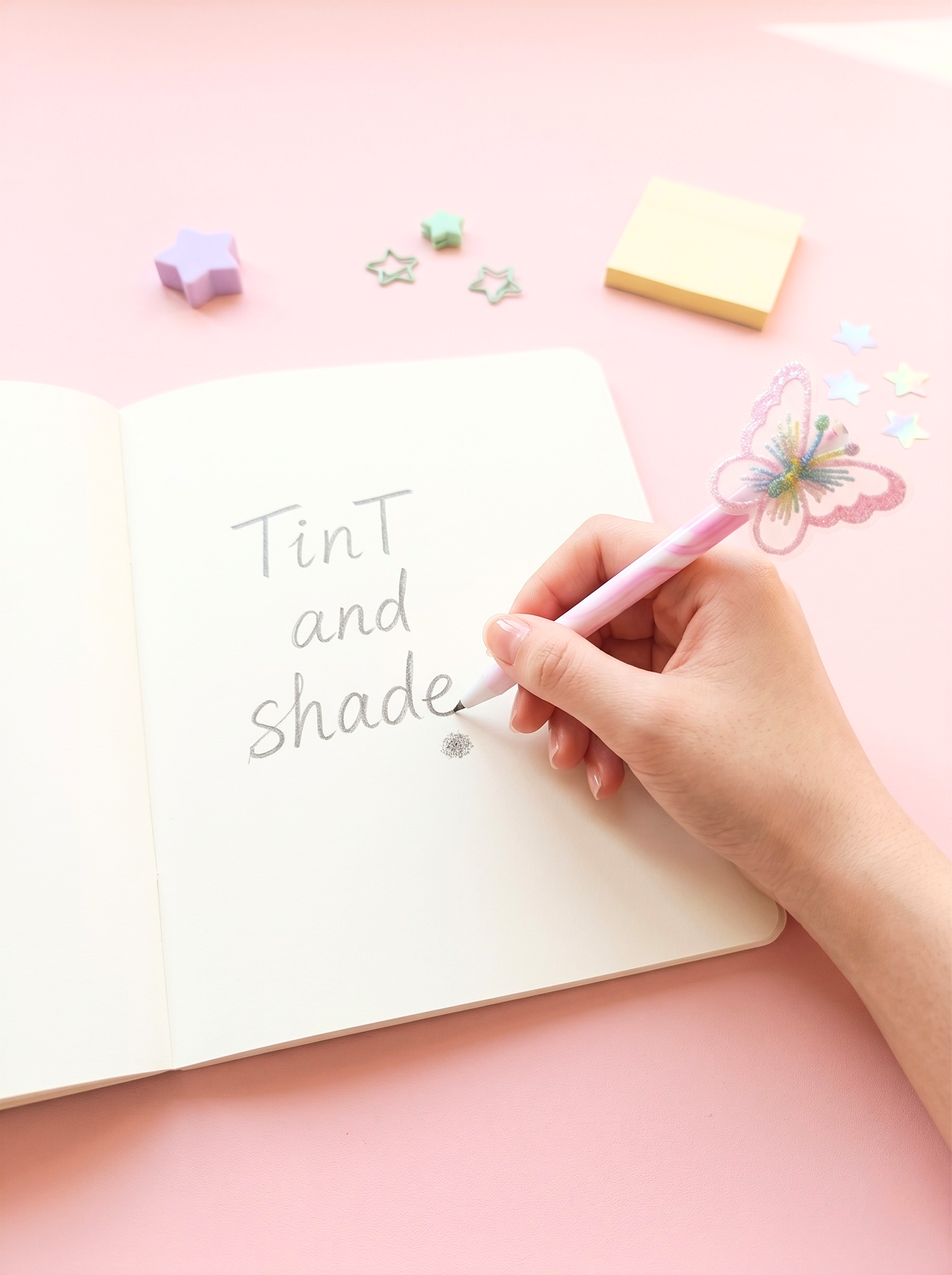 Hand holding a pink pen over a notebook with 'Tint and Shade' text on a pink background