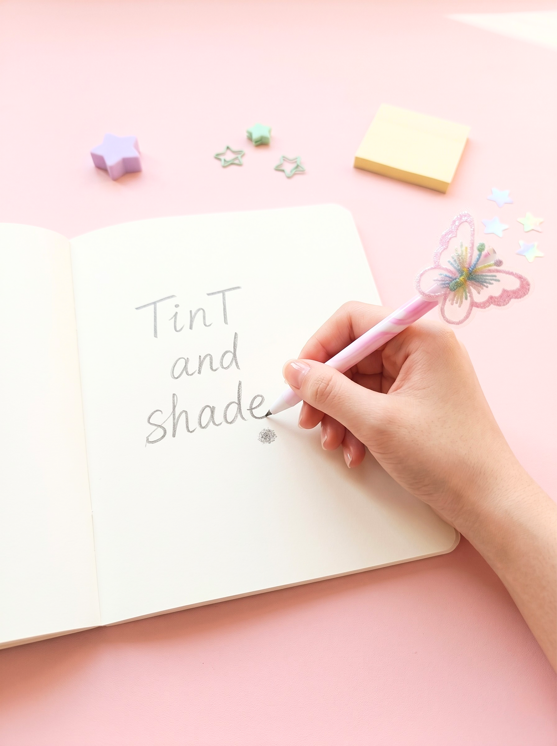 Hand holding a pink pen over a notebook with 'Tint and Shade' text on a pink background