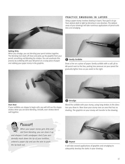 Instructional page on practice smudging in layers with text and images of a hand holding a pencil and stamp.