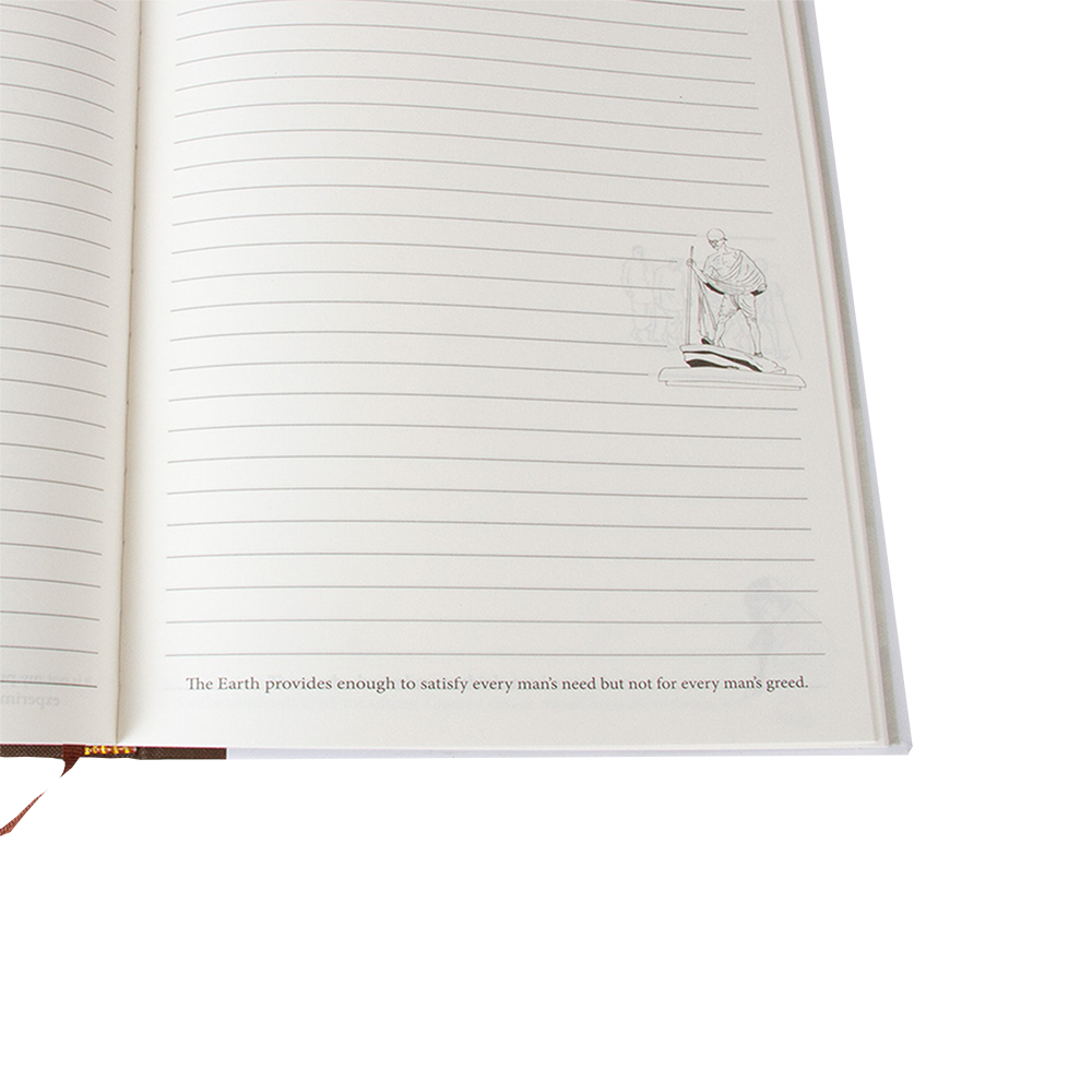 Open notebook with lined pages and a quote on a white background