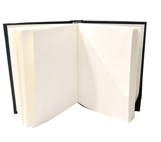 Open book with black leather binding on a white background
