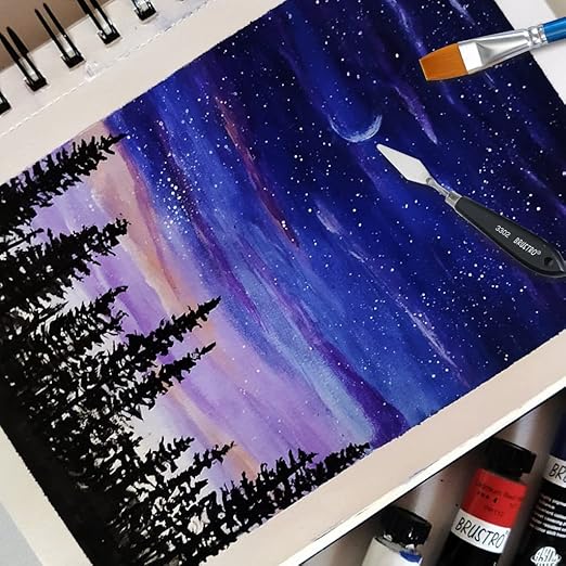 Artistic depiction of a night sky with trees, using paintbrushes and a palette knife on a canvas.