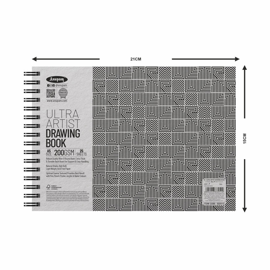 Drawing book with geometric pattern and dimensions on a white background
