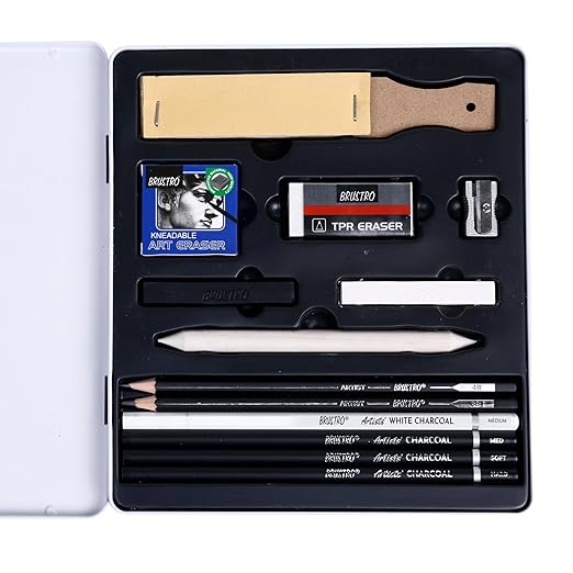 Set of art supplies including pencils, erasers, and a brush in a black case on a white background.