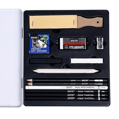 Set of art supplies including pencils, erasers, and a brush in a black case on a white background.