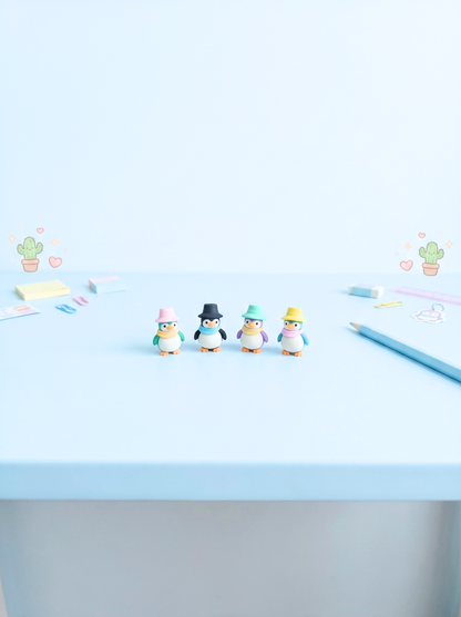 Small penguin figurines with hats on a light blue surface with scattered stationery items.
