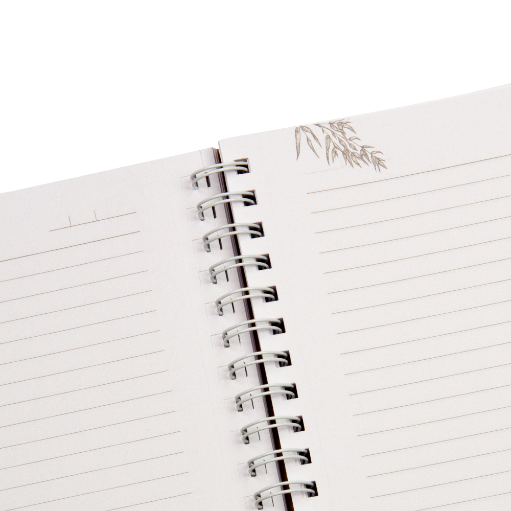 Spiral-bound notebook with lined pages on a white background