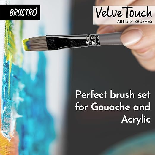 Brustro Velve Touch artist's brush with a hand holding it, painting on a canvas.