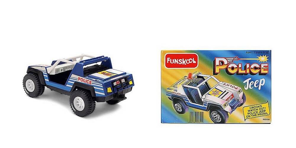 Toy police jeep with packaging on a white background
