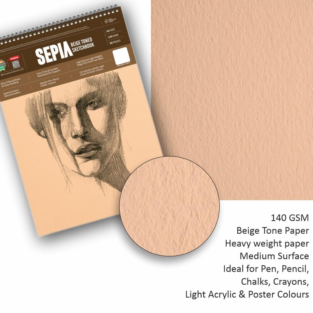 Sepia toned sketchbook with a close-up of beige paper and product details.
