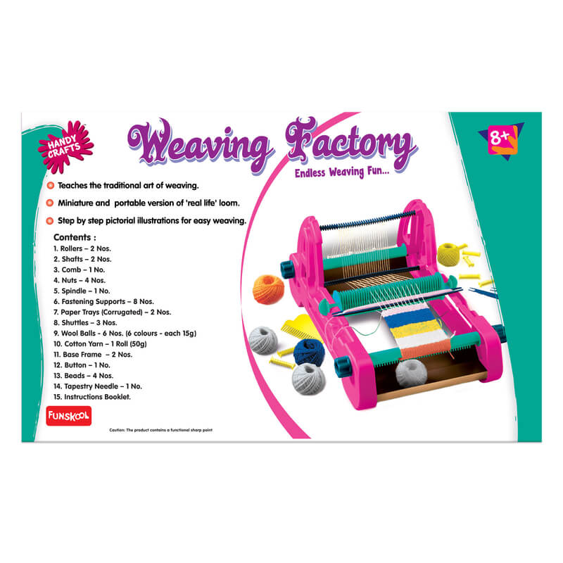 Weaving Factory toy set packaging with colorful loom and yarn balls on a white background