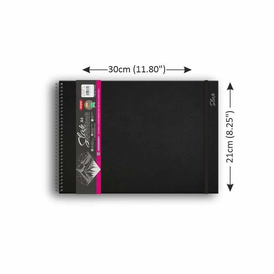 Black sketchbook with dimensions labeled on a white background