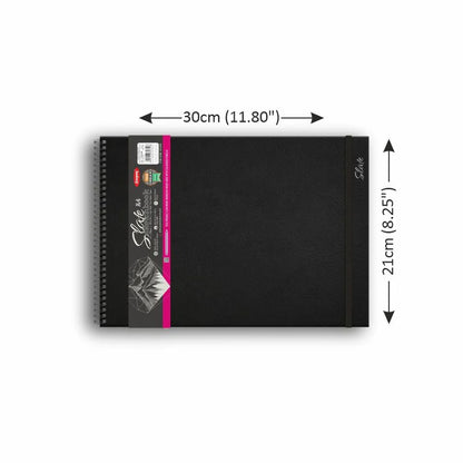 Black sketchbook with dimensions labeled on a white background