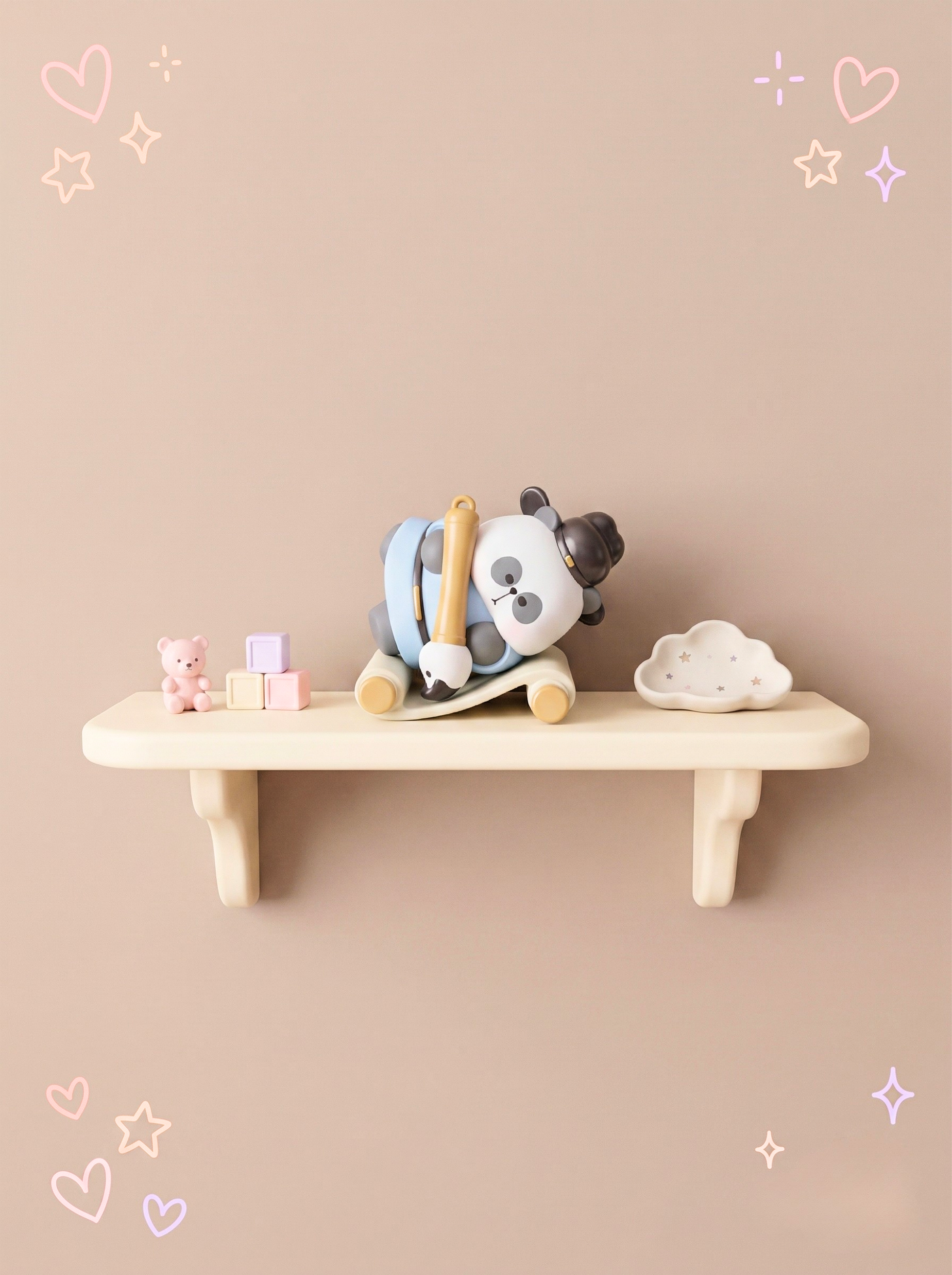 Wooden shelf with toys on a beige background