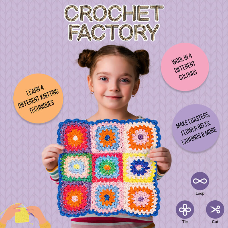 Book cover of 'Crochet Factory' with a child holding a colorful crocheted blanket against a purple background.