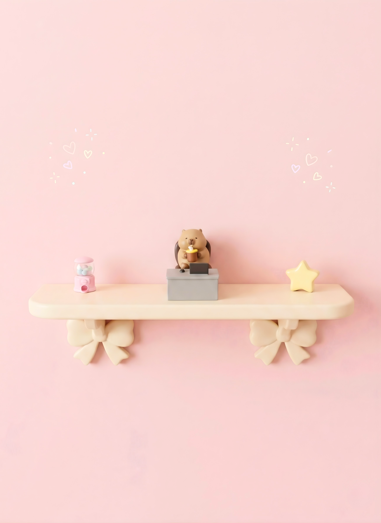 Wooden shelf with decorative items on a pink background