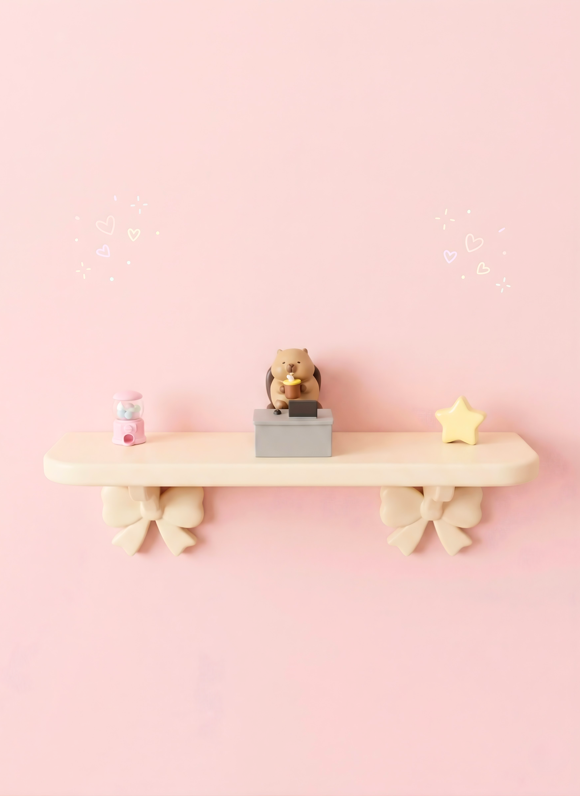 Wooden shelf with decorative items on a pink background