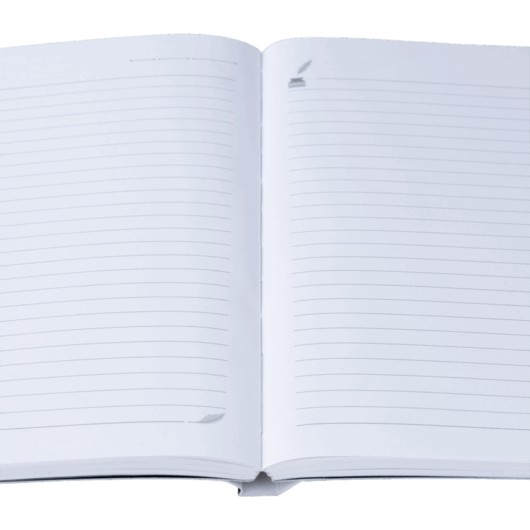 Open notebook with lined pages on a white background