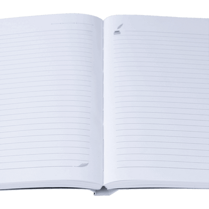 Open notebook with lined pages on a white background