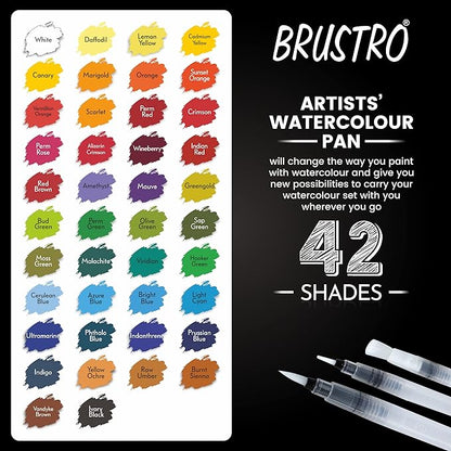 Brustro Artists' Watercolour Pan set with 42 shades on a black background