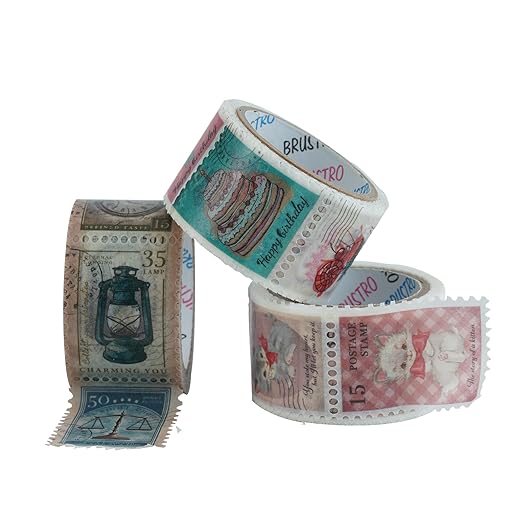 Three rolls of vintage-style postage stamps on a white background