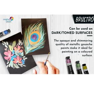 Brustro metallic gouache paints with artworks on dark surfaces