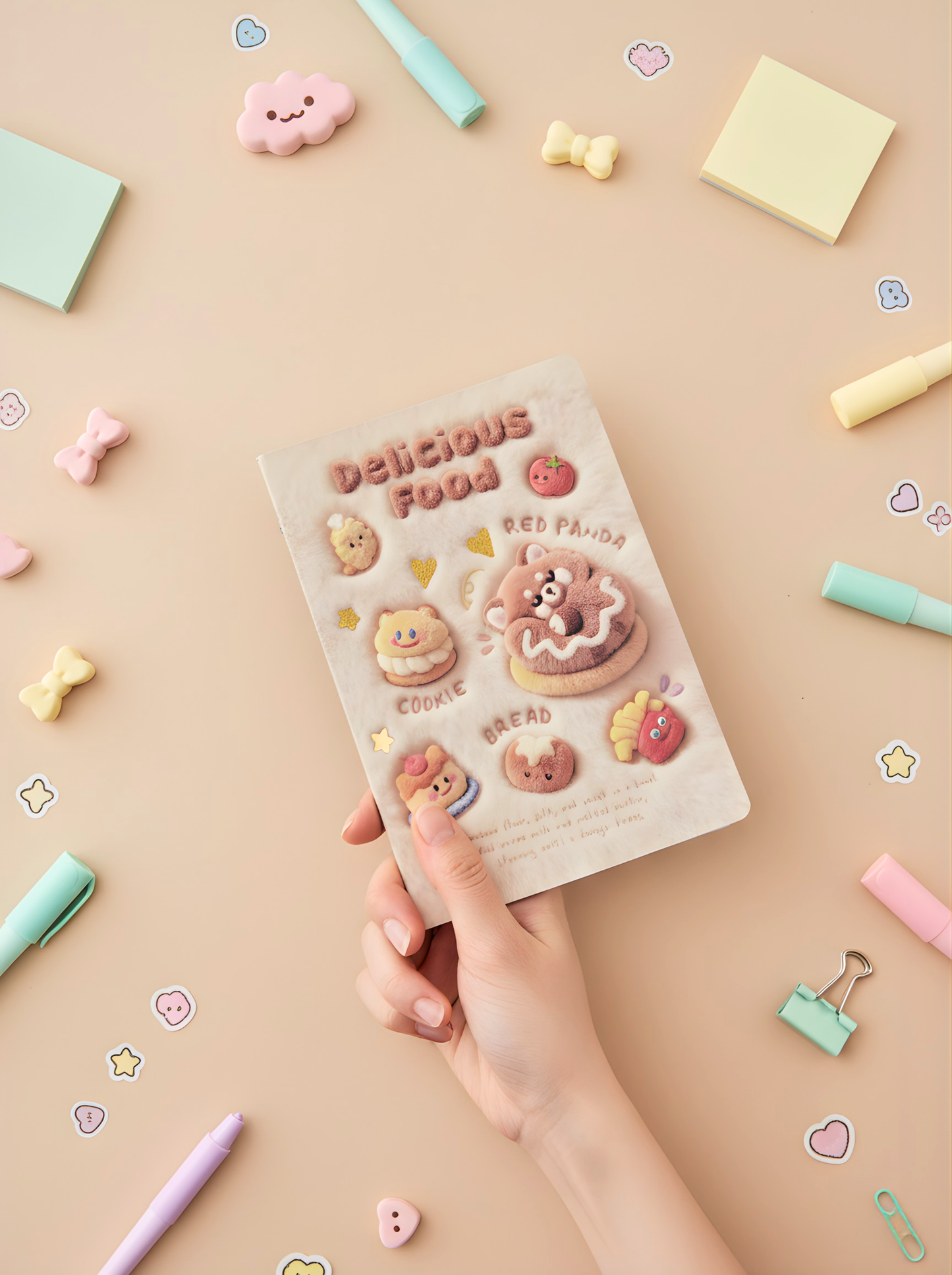 Notebook with cartoon characters held by a hand on a colorful stationery background