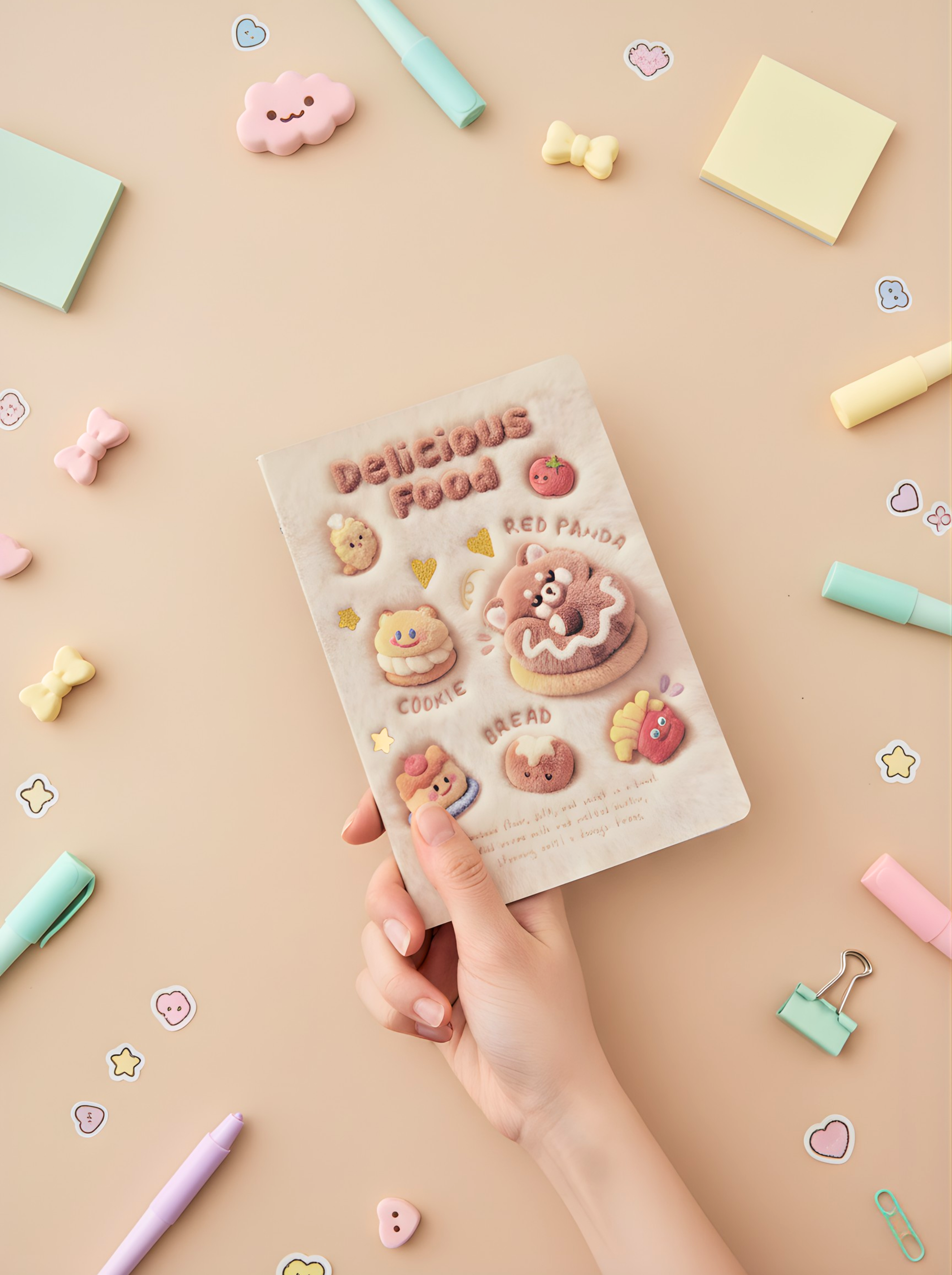 Notebook with cartoon characters held by a hand on a colorful stationery background