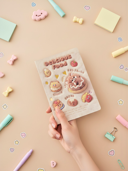 Notebook with cartoon characters held by a hand on a colorful stationery background