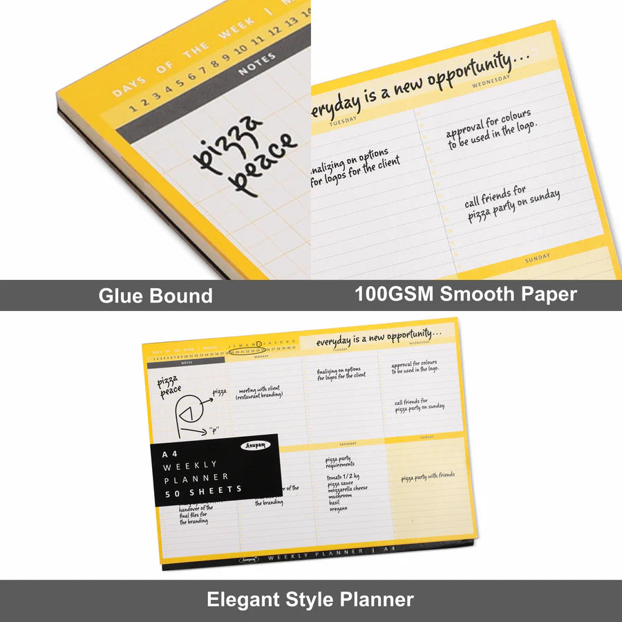 Planner with text and design elements on a white background