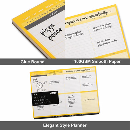 Planner with text and design elements on a white background