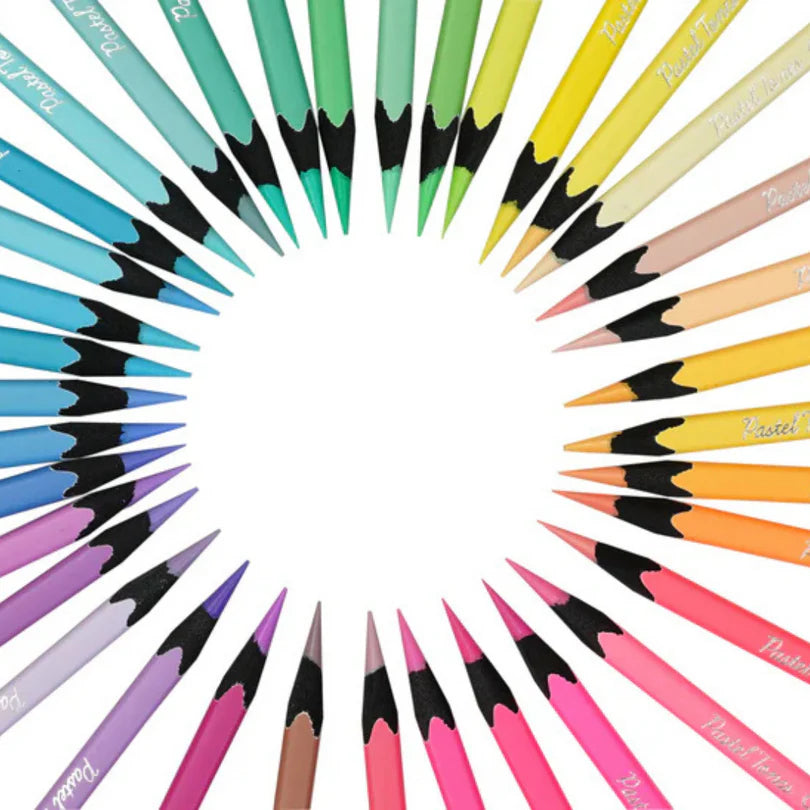 Colorful pencils arranged in a circular pattern on a white background