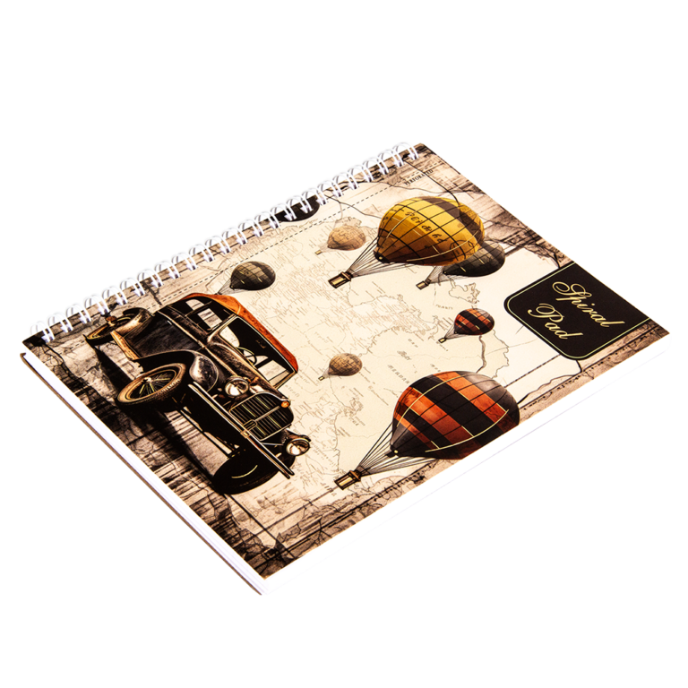 Notebook with vintage design featuring hot air balloons and a car on the cover.