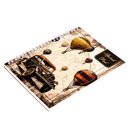 Notebook with vintage design featuring hot air balloons and a car on the cover.