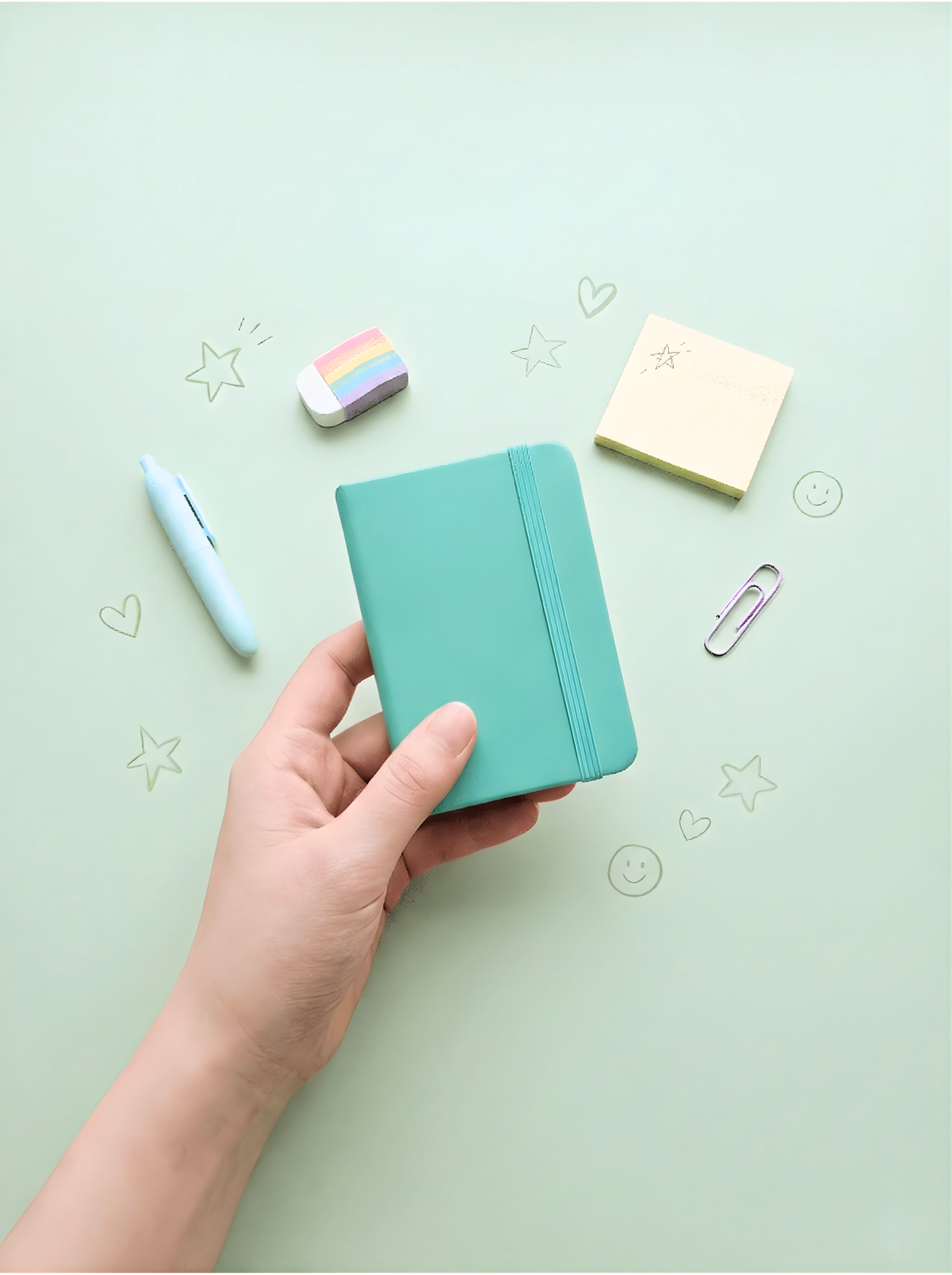 Hand holding a turquoise notebook with stationery items on a light green background