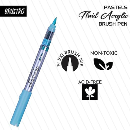 Blue fluid acrylic brush pen with branding and features on a white background