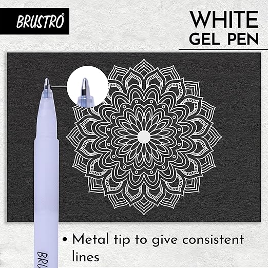 White gel pen with mandala design on black paper, Brustro brand visible