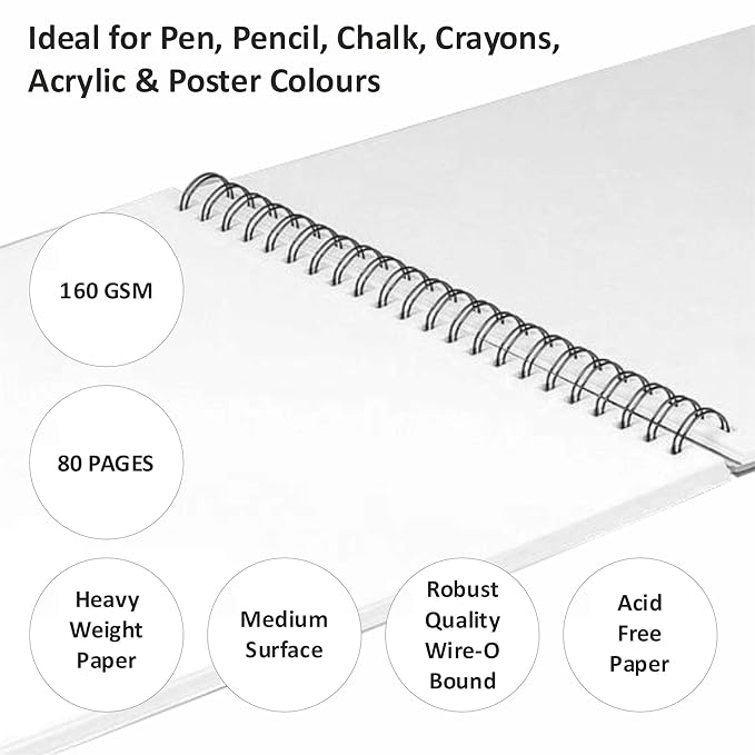 Spiral-bound notebook with text highlighting its features on a white background