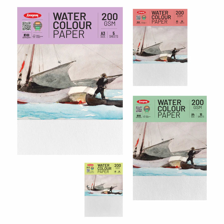 Watercolor paper packs with sailboat and kayaker design on a white background