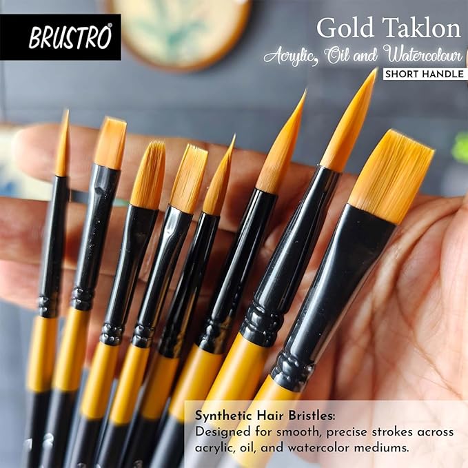 Set of BRUSTRO Gold Taklon paint brushes held in a hand with product details.