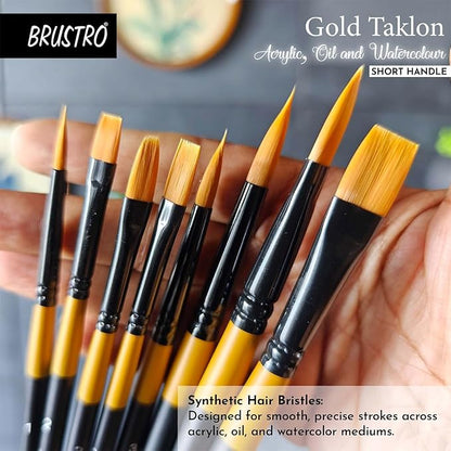 Set of BRUSTRO Gold Taklon paint brushes held in a hand with product details.