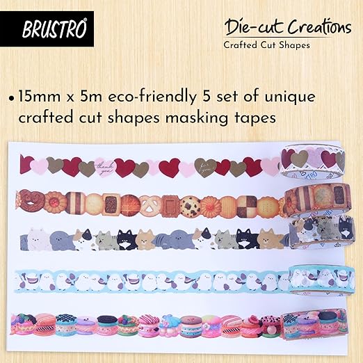 Set of die-cut masking tapes with various designs on a wooden background, featuring the brand 'BRUSTRO'.