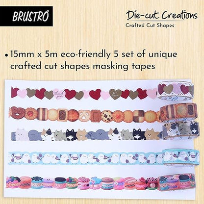 Set of die-cut masking tapes with various designs on a wooden background, featuring the brand 'BRUSTRO'.