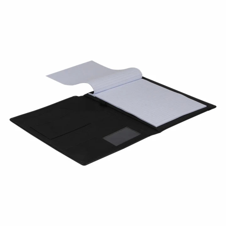 Black folder with a white sheet of paper on a white background